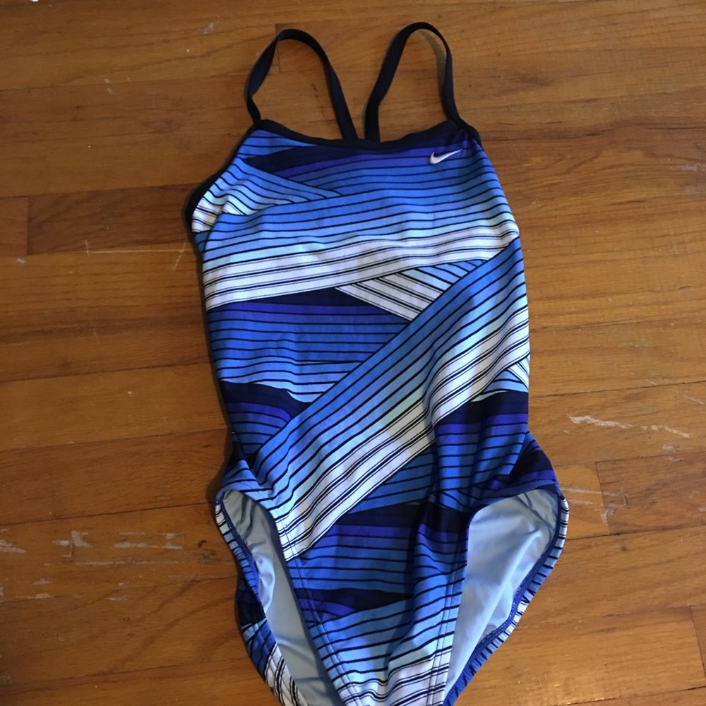 Nike Blue Striped One Piece Bathing Suit